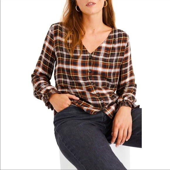Madewell Gwen Plaid Ruffle Sleeve V-Neck Blouse Faded Rust M NWOT - Picture 1 of 13